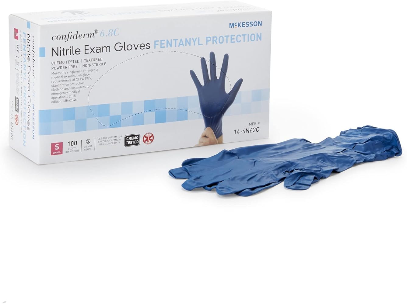 McKesson Confiderm 6.8C Nitrile Exam Gloves with Fentanyl Protection - Powder-Free, Latex-Free, Ambidextrous, Chemo Tested, Non-Sterile - Blue, Size Small, 100 Count, 1 Box