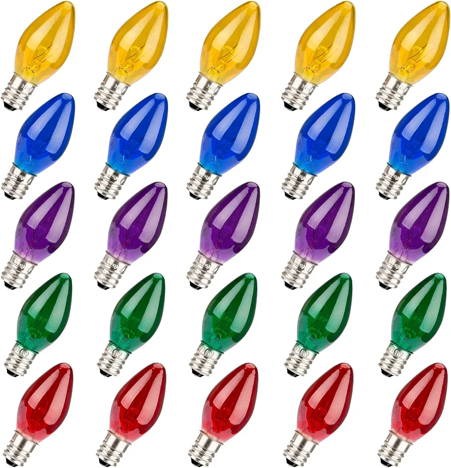 25 Pack 5W 120 Volt E12 Socket C7 Multicolor Christmas Replacement Bulbs, C7 Outdoor Indoor String Light Replacement Bulbs