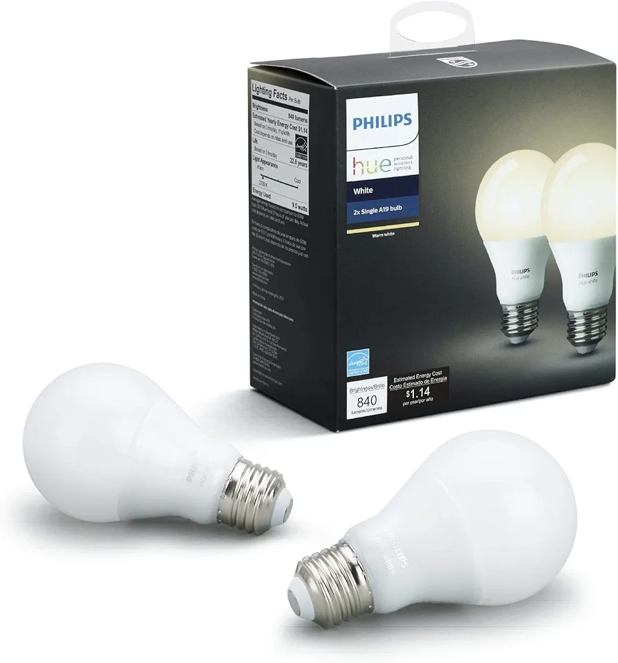 Philips Hue White 2-Pack A19 60W Equivalent Dimmable LED Smart Light Bulbs, Works with Alexa, HomeKit & Google Assistant, (CA Residents, Hub Required)