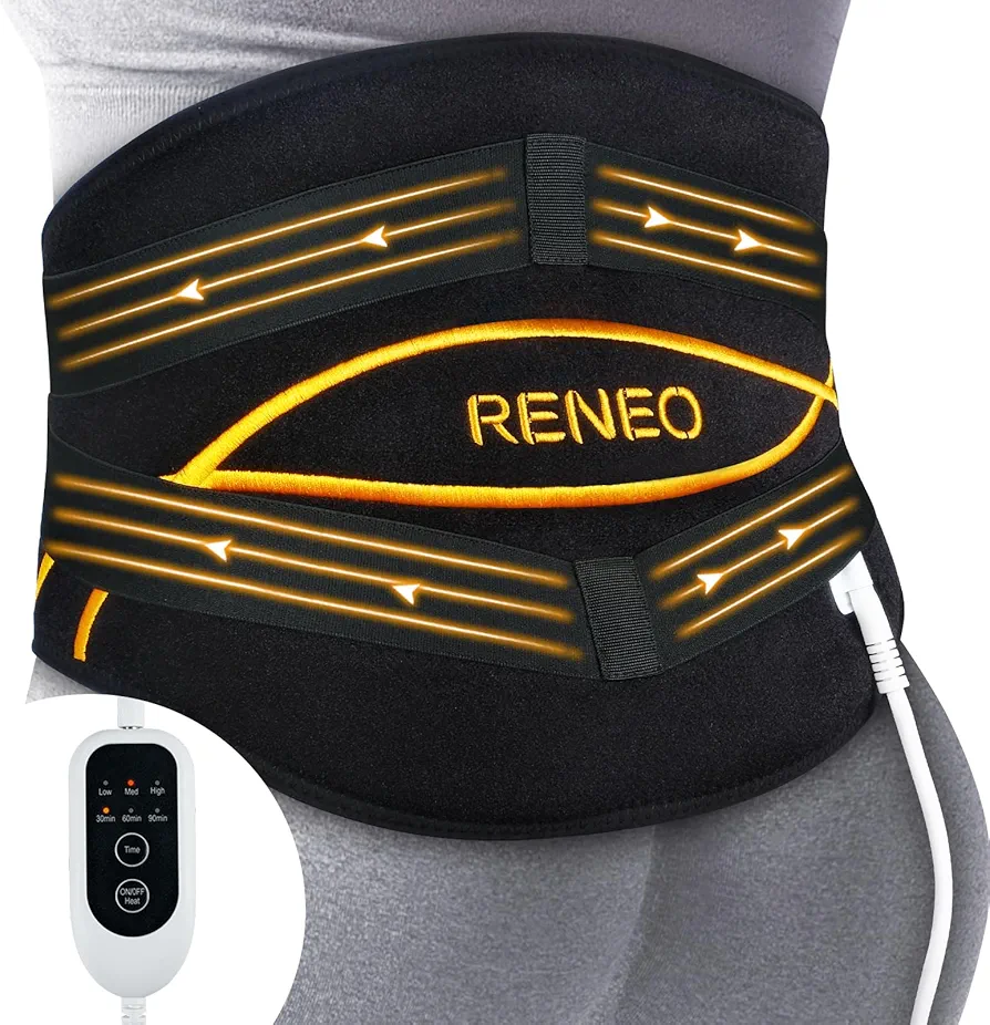 RENEO Electric Heating Pad for Back Pain Relief with Double Compression, Wearable Heating Pads for Cramps, Lower Back, Abdomen, 3 Heating Levels & Auto Shut-Off, Machine Washable, Black