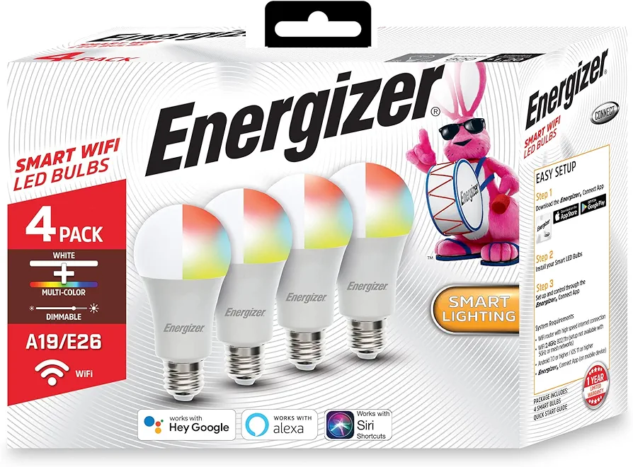 Energizer Connect Smart A19 LED White & Multi-Color RGB Light Bulb with Voice Control and Remote Access Through Your Smartphone | Compatible with Alexa and Google Assistant, 4 Pack