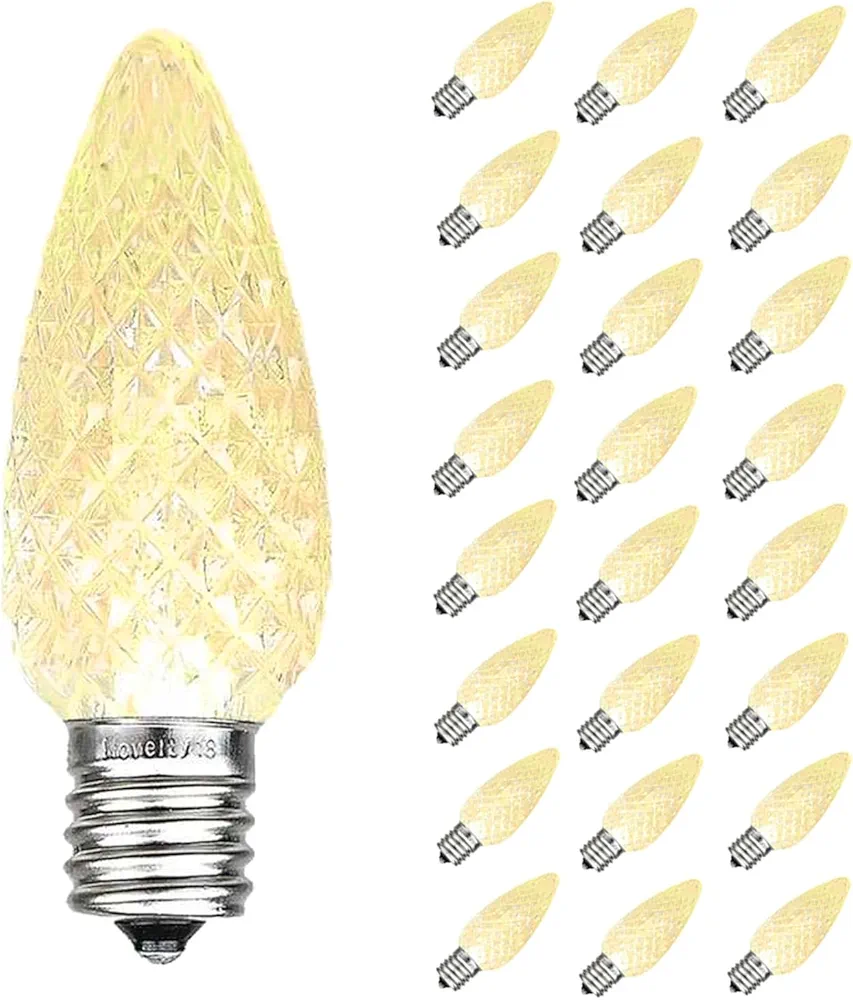 Novelty Lights 25 Pack C9 LED Bulbs Faceted Ultra Bright Dimmable Outdoor Christmas Light Replacement Bulbs Outdoor Decorative Bulbs Outdoor LED Christmas Lights, C9 Christmas Lights (Warm White)