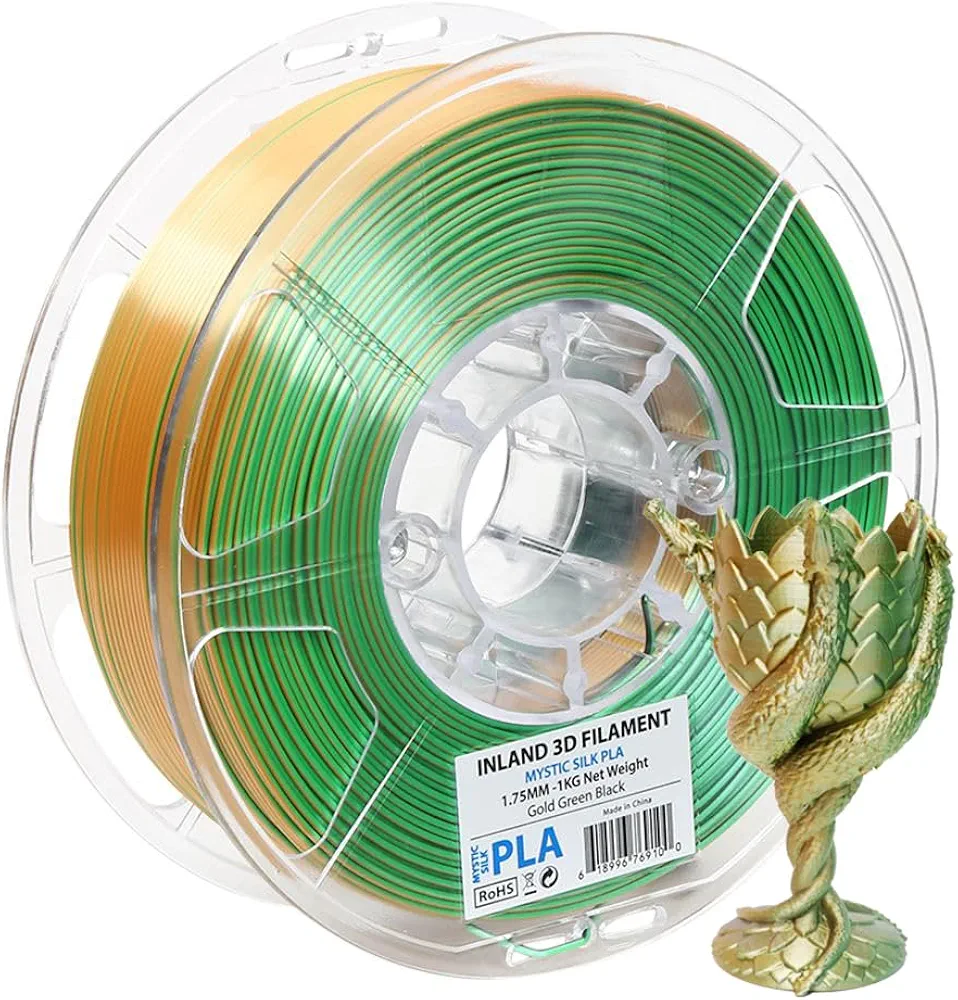 INLAND Micro Center Mystic Silk PLA Filament - Black Gold Green Tri-Color 3D Printing Filament - Three Color Coextrusion Silk 3D Printer Filament 1.75mm - Dimensional Accuracy +/- 0.03mm - 1kg