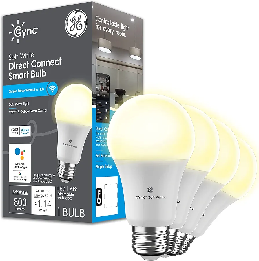 GE CYNC A19 Smart LED Light Bulbs, Soft White, Bluetooth and WiFi Light Bulbs, 60W Equivalent, Work with Amazon Alexa and Google Home (4 Pack)