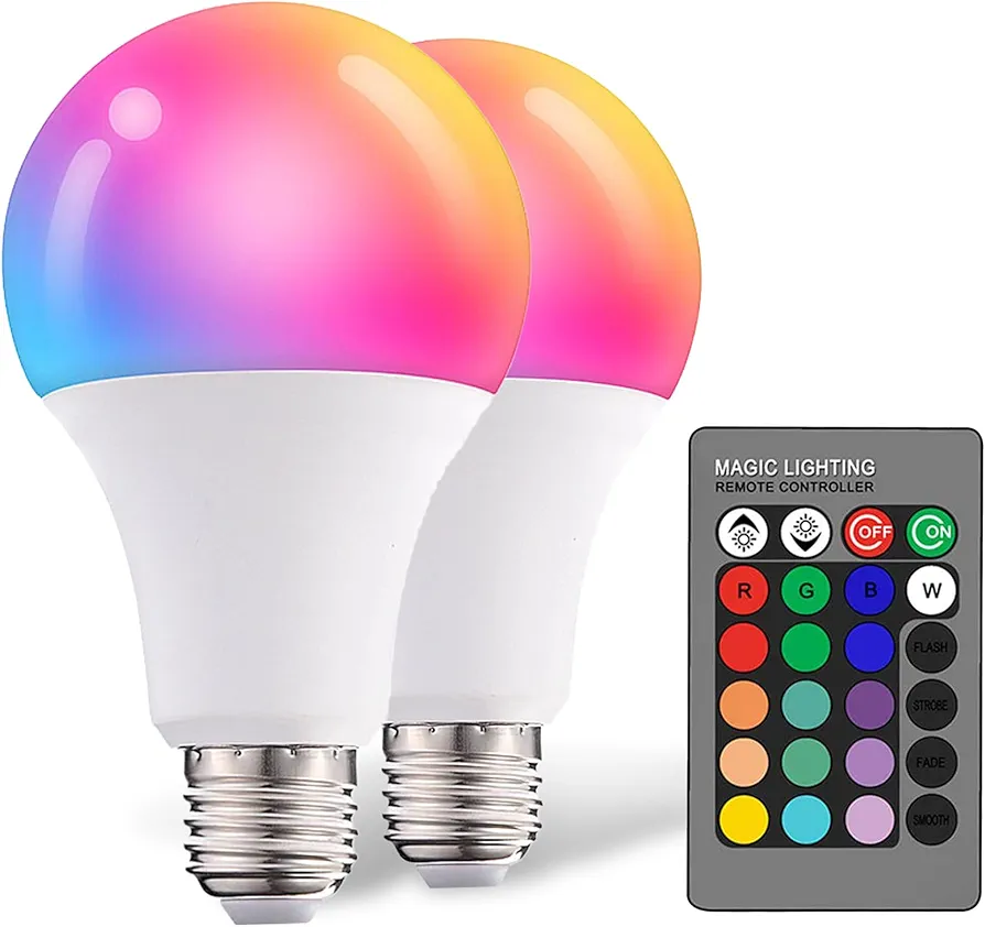 Droiee Dimmable E26 Warm LED Light Bulb, 6W RGBW Color 500LM with 16 Color Changing Modes for Christmas, Party etc with Remote Control 2 Pack