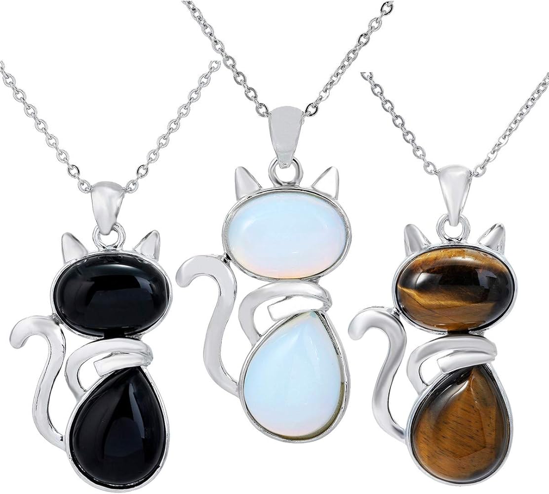 SUNYIK Handmade Cat Stone Pendant Necklace for Women, Healing Crystal Amulet Cat Jewelry with chain, Pack of 3
