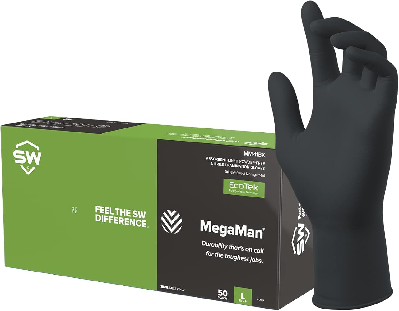SW MegaMan MM-11BK Black 10.1mil Sweat-Absorbing Nitrile Exam Gloves