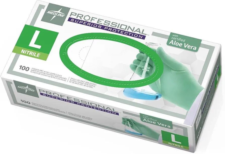 Medline PRO31763 Professional Powder-Free Nitrile Aloe Green Exam Glove, 9.5" Cuff, Large, Pack of 100