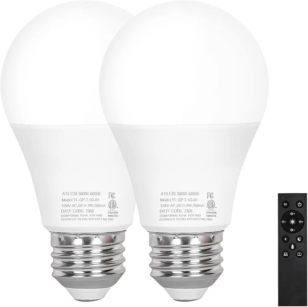 A19 LED Light 2 Bulbs with 1 Remote Control, 9W LED Bulbs, E26 Base, 805 LM, Dimmable Stepless 2700K-6000K, 25000 Hours Lifespan, LED Bulb for Floor Lamp, Pendant Lamp, Table Lamp