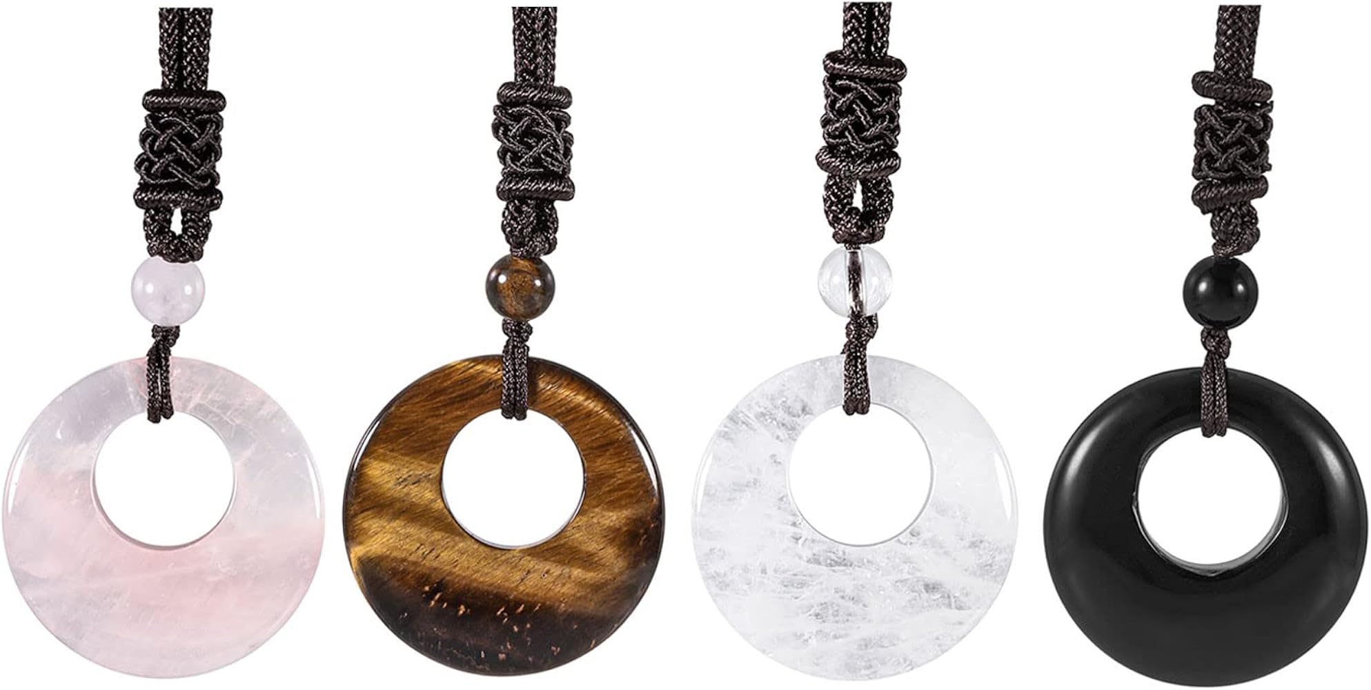 SUNYIK 4PCS Lucky Coin Crystal Pendant Necklace for Women Men, Polished Stone Round Crystal Amulet Jewelry for Unisex