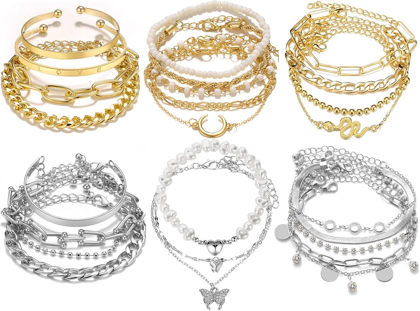17IF 18-25 PCS(6 Pack) Boho Gold Bracelets Set for Women Stackable Chunky Dainty Bangles Adjustable Chain Flat Cuff Cuban Punk Charm Bundle Jewelry