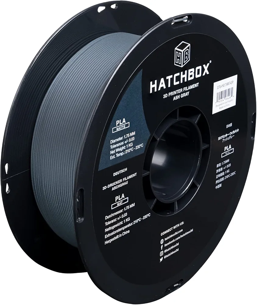 HATCHBOX Matte PLA 3D Printer Filament, Dimensional Accuracy +/- 0.03 mm, 1 kg Spool, 1.75 mm, Ash Gray