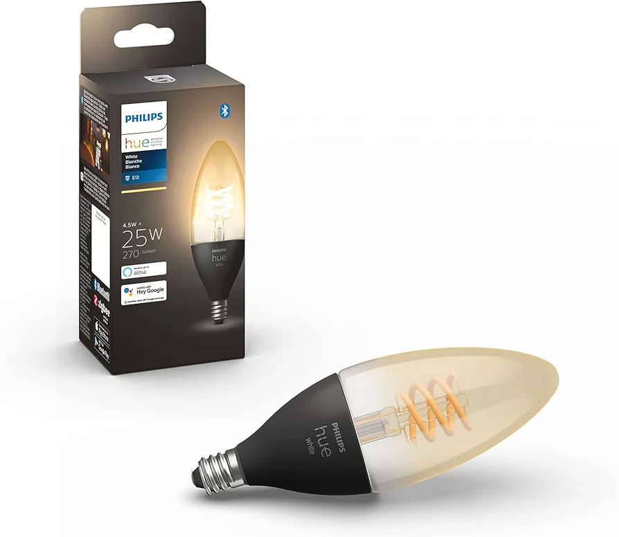 Philips Hue Smart 25W Candle-Shaped Filament LED Bulb - Soft Warm White Light - 1 Pack - 270LM - E12 - Indoor - Control with Hue App - Compatible with Alexa, Google Assistant and Apple Homekit.