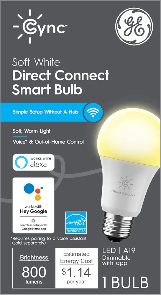 GE Lighting CYNC Smart LED Light Bulb, Soft White, Bluetooth and Wi-Fi Enabled, Alexa and Google Assistant Compatible (1 Pack), Packaging May Vary