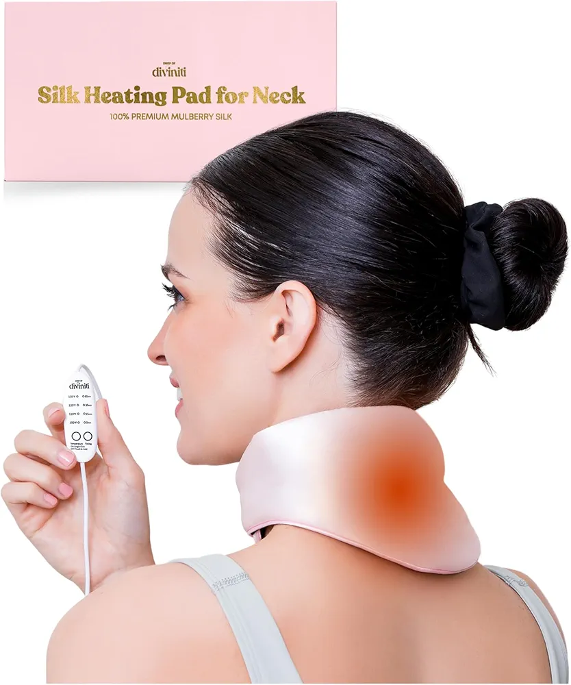 Silk Heated Neck Wrap for Neck Pain - Electric USB Wearable Heating Pad for Neck, Shoulders, Back, 4 Heat Modes w/Auto Shut-Off, Hot Compress Neck, Heat Therapy - Soothe Pain & Relax in Style - Pink