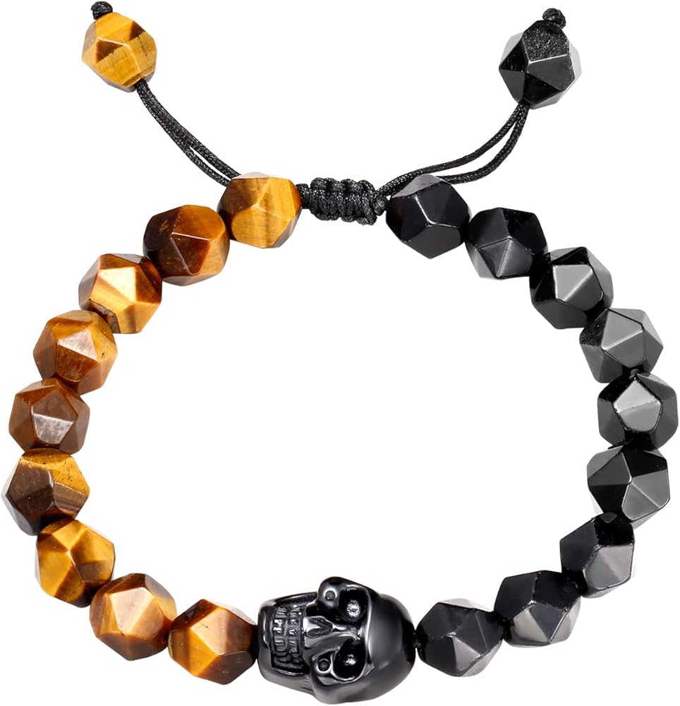 Jewever Tiger Eye with Black Obsidian Small Skull Bracelet for Women Crystals and Healing Stones Bracelets for Men Energy Healing Double Protection Chakra 10mm