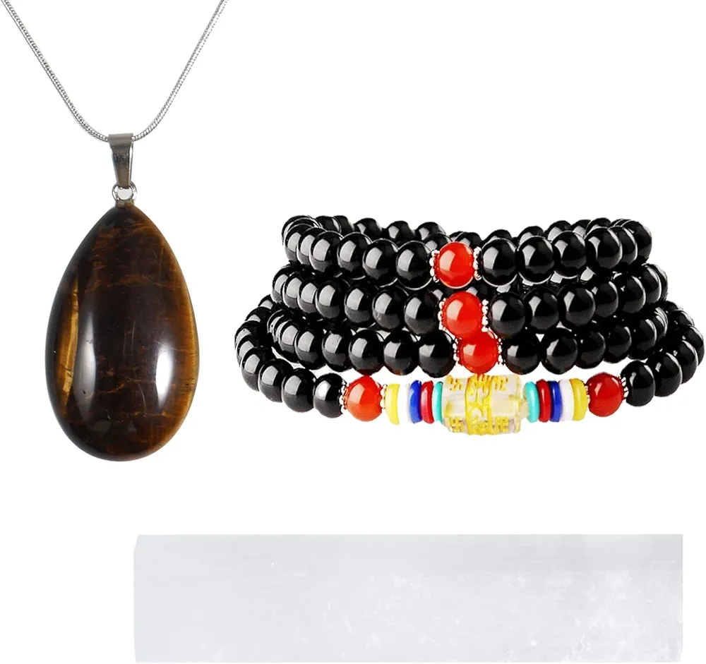 Mala Beads Stretch Bracelet Black Obsidian & Tiger Stone, Buddhist Prayer Beads, Yoga Bracelets, Oval Tiger Eye Pendant Necklace and 1PC Translucent Plaster Selenite Reiki Healing Meditaion