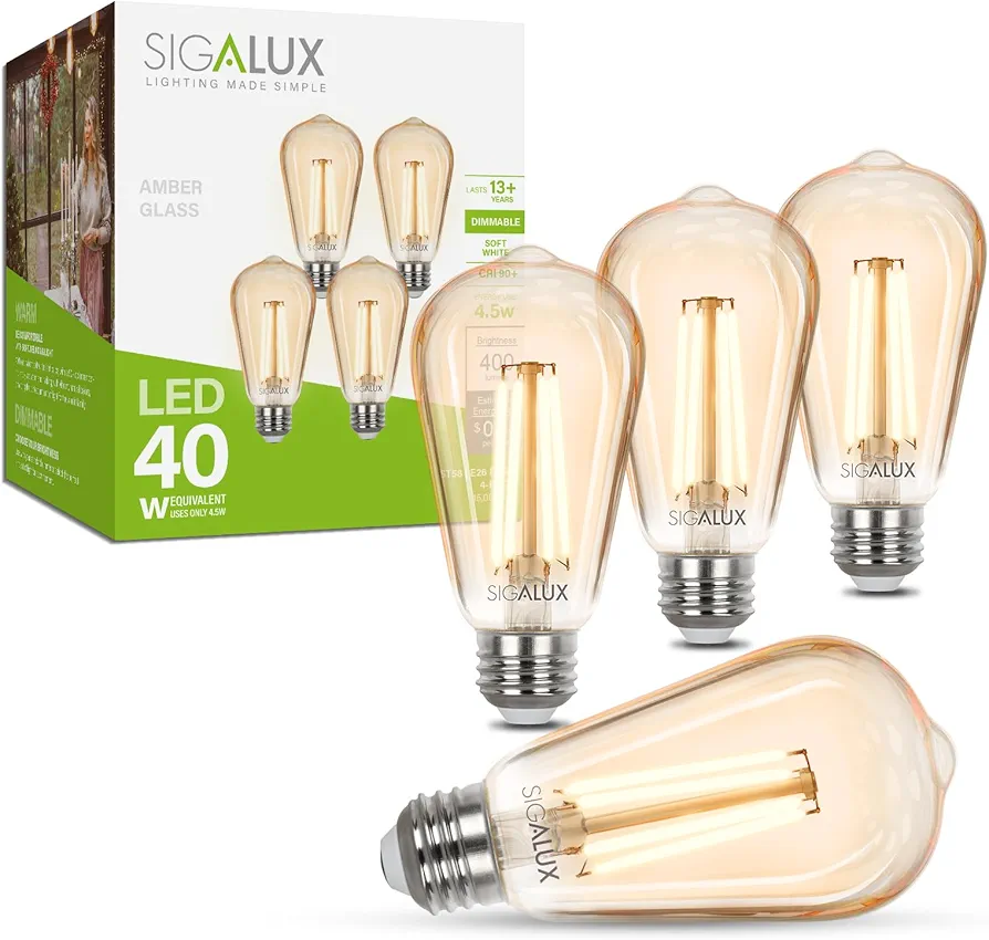 Sigalux Edison LED Light Bulbs, Dimmable Vintage Light Bulbs 40 Watt Equivalent, E26 LED Filament Bulbs, ST19 Antique Amber Glass Light Bulbs Soft White 2700K, 400LM, CRI90, UL Listed, 4 Pack