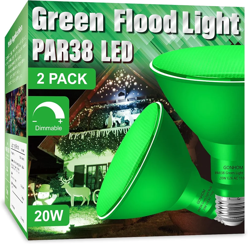 2 Pack PAR38 Green Flood Lights Outdoor,Dimmable Flood Green Light Bulb,20W(Equivalent to 200W),E26 Base Green LED Light,Christmas Light Bulbs,Outdoor Porch,Holiday Lighting,Flood Light Bulb