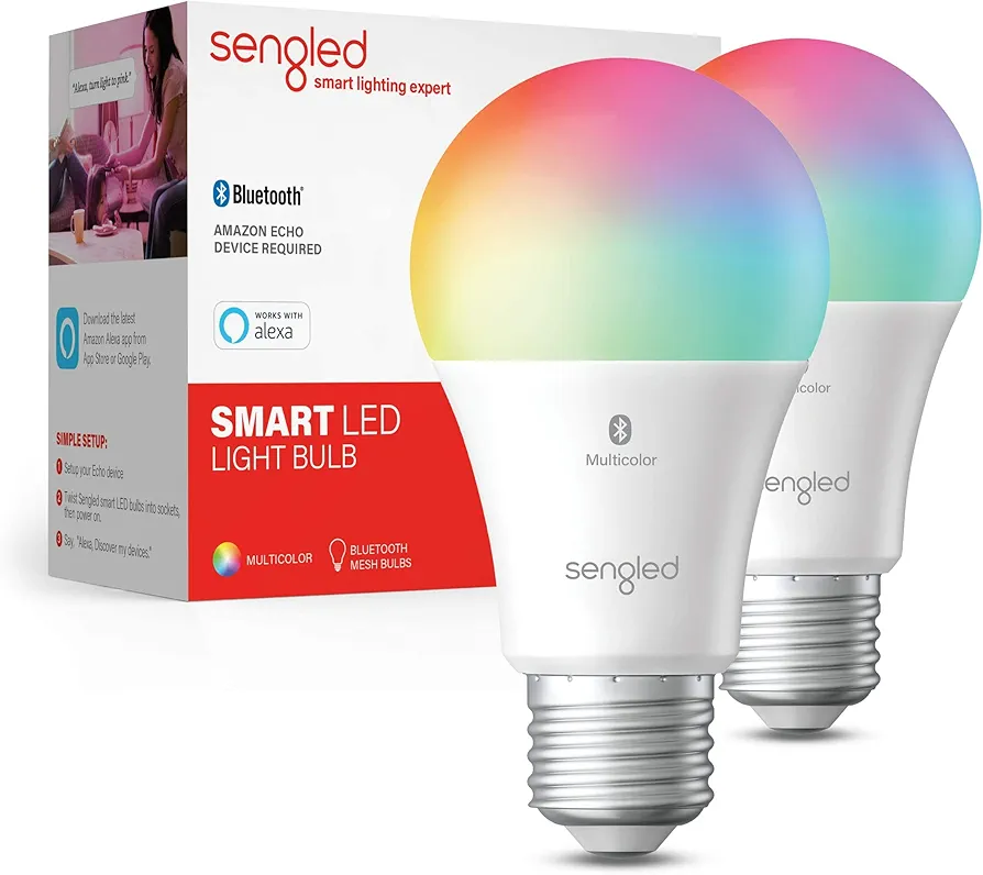 Sengled Alexa Light Bulb, S1 Auto Pairing with Alexa Devices, Color Changing Light Bulbs, Bluetooth Mesh Smart Home Lighting, E26 60W Equivalent, 800LM, 2-Pack