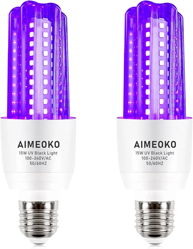 2 Pack LED Blacklight Bulbs 15W (100W Equivalent) E26 Base 120V, UVA Level 395-400nm, CFL Black Light for Glow in The Dark Party, Body Paint, Halloween, Fluorescent Poster
