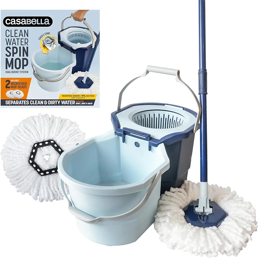 Casabella Clean Water Spin Mop System with Extra Mop Head Refill - Two-Bucket Design Mop System, Splash Guard, Built-in Measuring Cup, and Scraper Tool, Easy Wring Pedal Spinner