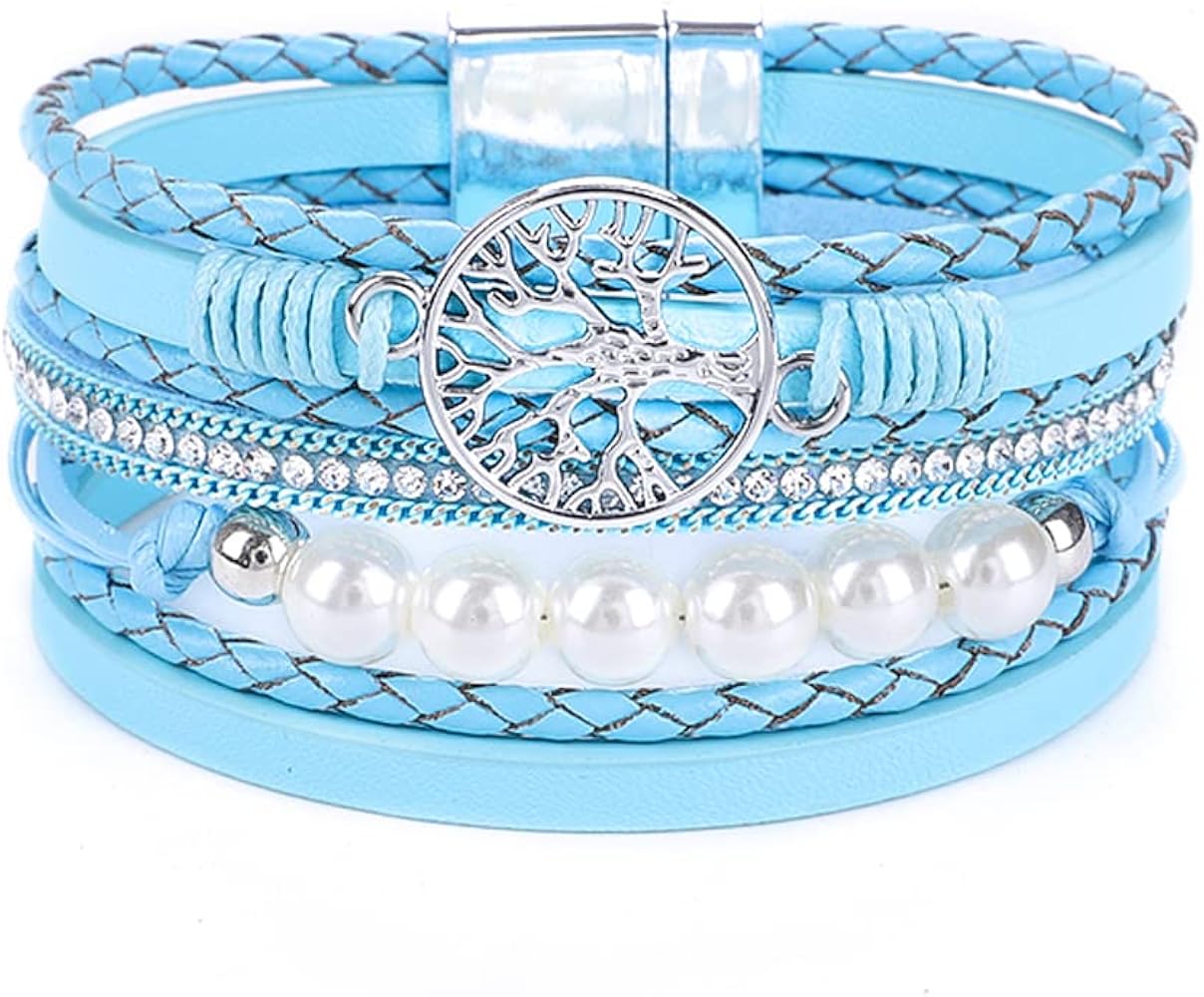 KSQS Tree of Life Leather Multi-Layer Wraps Bracelet,Boho Wide Buckle Wristband Bangle,Braided Cuff Bracelets for Women