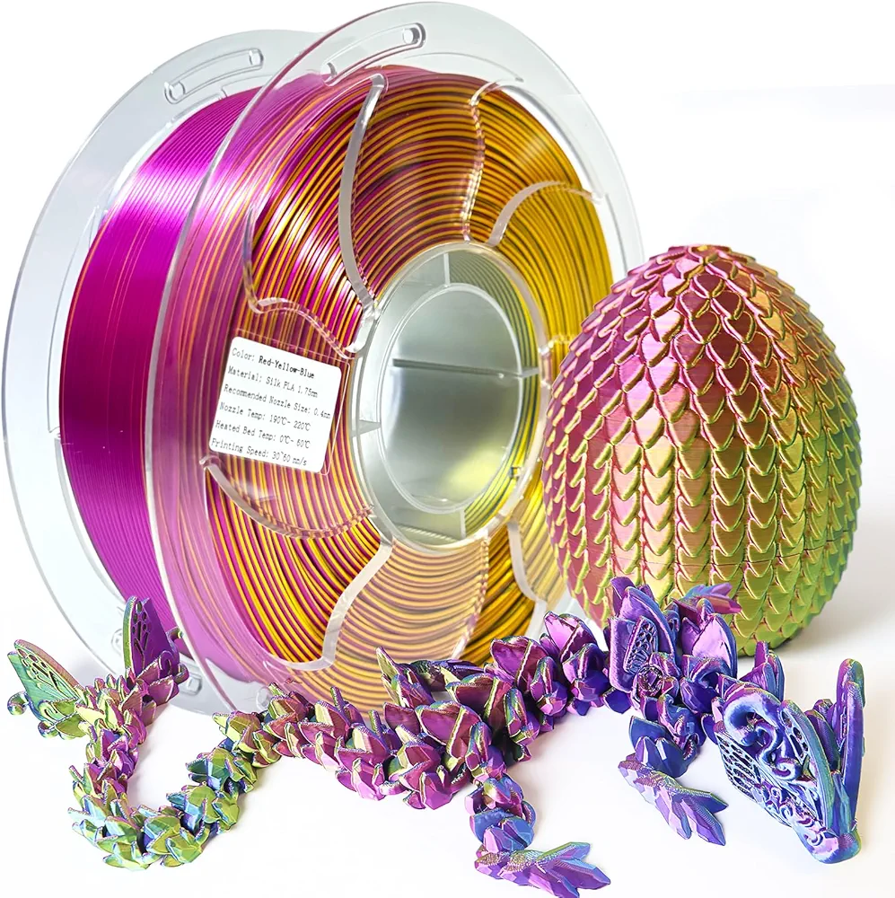 Tri-Color PLA Filament 1.75mm PLA 3D Printer Filament, Coextrusion Rainbow Silk PLA Red-Yellow-Blue, SIKENHO Rainbow Filament Fit Most FDM 3D Printers, 3D Filament +/-0.02mm, 1kg Spool(2.2lbs)