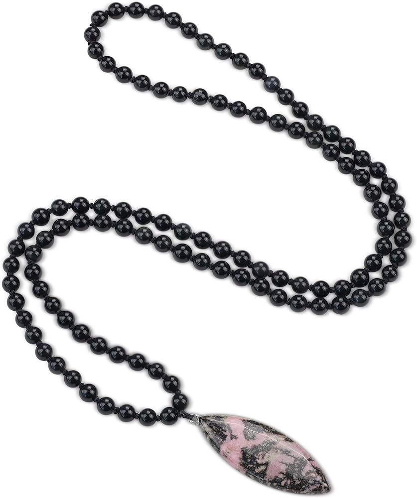 COAI 6mm Leaf Pendant 108 Mala Stone Beaded Necklace for Yoga Meditation