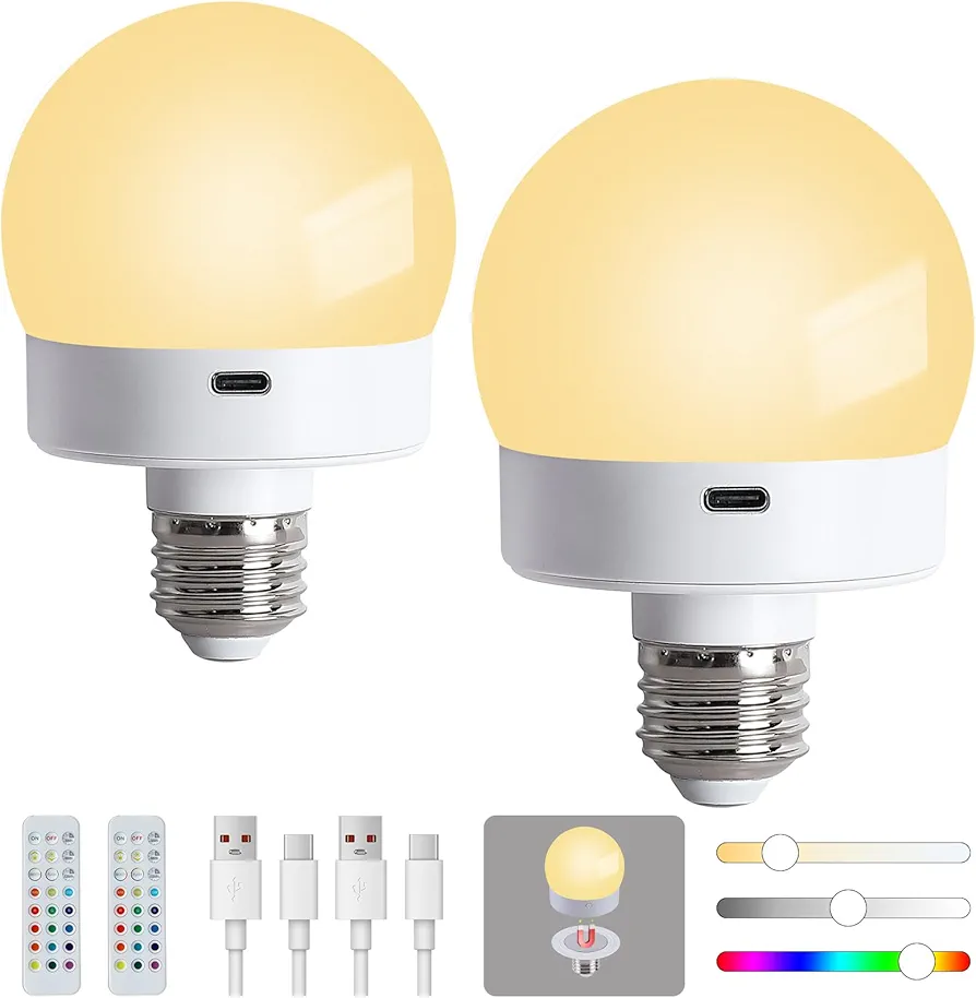 Rechargeable Battery Operated Light Bulb with Remote for Lamps, E26 Wireless USB Charging Magnetic LED Battery Powered Light Bulb, 380 LM Dimmable Puck Lights, 15 Colors, Timer, 2 Pack