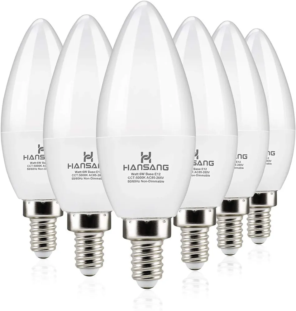 hansang LED Candelabra Bulbs 6 Watt (60 Watt Equivalent),Daylight 5000K,600lm RA>83,Candle Bulb Base E12 for Chandelier B11 Ceiling Fan Bulb Non-Dimmable (6 Pack)