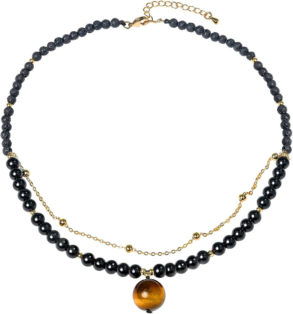 Jewever Layered Necklaces for Women Tiger Eye Pendant Black Obsidian Beaded Crystals and Gemstones Plated 14k Gold Chain Necklace Jewelry Gifts for Her Mom