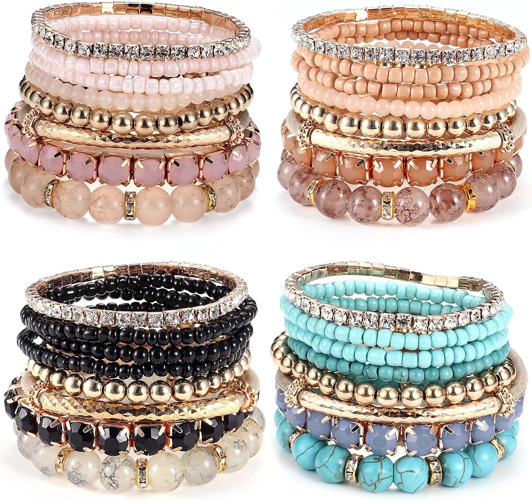 MILACOLATO 4 Sets Boho Bracelets for Women Multi-Color Layered Stackable Natural Beaded Bracelets Adjustable Stretch Bohemian Bracelets