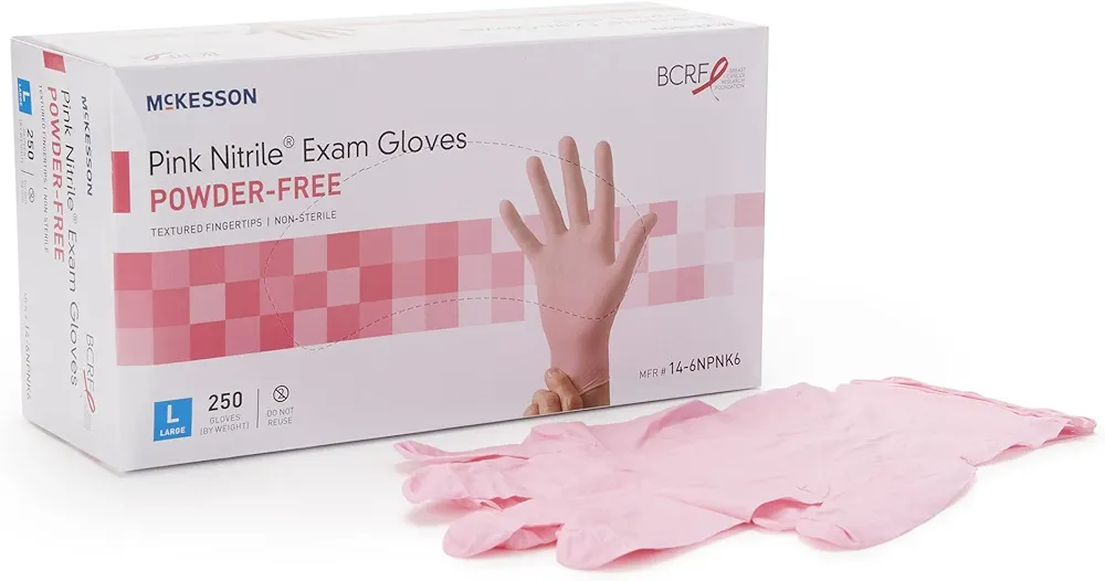 McKesson Pink Nitrile Exam Gloves - Powder-Free, Latex-Free, Ambidextrous, Textured Fingertips, Non-Sterile - Size Large, 250 Count, 1 Box