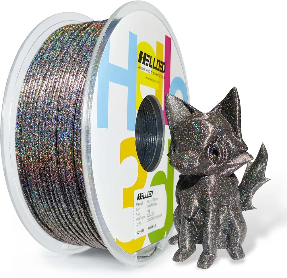HELLO3D PLA Filament 1.75mm 3D Printer Filament Color Changing Glitter,Colorful Magic 3D Printing Filament,Multi-Color Glitter Shining PLA Filament by Different Light and Angle,1KG Spool (2.2lbs)