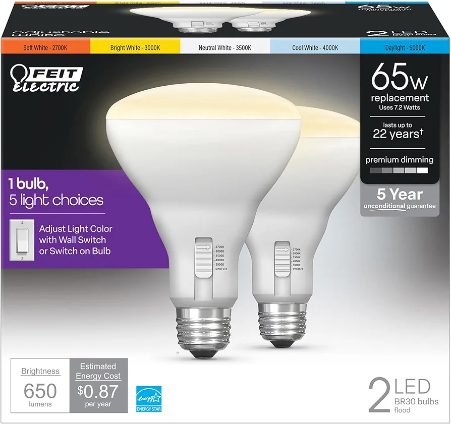 Feit Electric BR30 LED Light Bulb, 65W Equivalent, Dimmable, Color Selectable 6-Way, E26 Medium Base, 90 CRI, 650 Lumens, Damp Rated Recessed Lighting Bulb, 22-Year Lifetime, BR30DM/6WYCA/2, 2 Pack