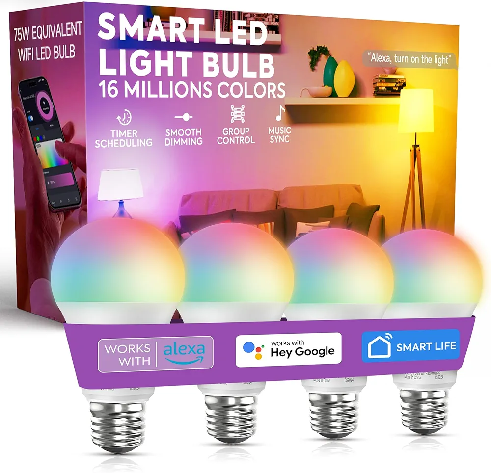 Smart Light Bulbs, Color Changing Light Bulb, A19 Dimmable 75W Equivalent, 11W Soft White WiFi LED Light Bulbs, Compatible with Alexa, Google Assistant and Smart Life, 4 Pack