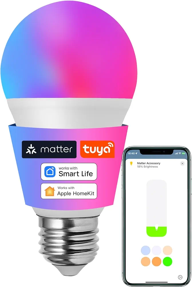 Matter Smart RGBTW WiFi LED Bulb,HomeKit Light Bulb Color Changing, Music Sync with Chirstmas Party, 60W, E26 Base, Works with Siri/Alexa/Google Home, 1 Pack