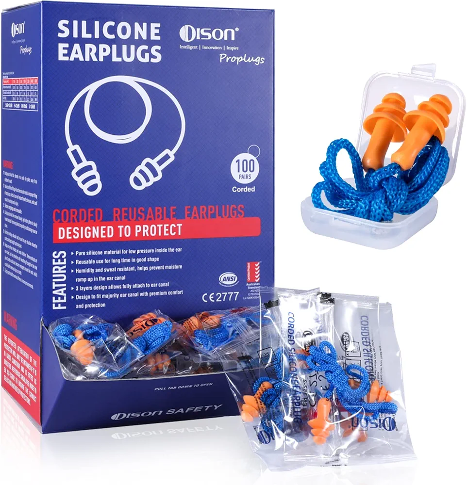 Dison 100Pairs Silicone Ear Plugs, 32dB Corded Reusable Earplugs for Hearing Protection, Noise Reduction for Shooting Range, Work, Travel