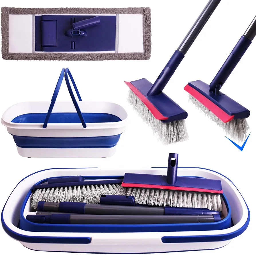 Collapsible Mop and Bucket Set, Bafezoze Microfiber Dust Mop, Floor Scrubber, Grout Brush with Long Handle for Bathroom RV Tile Cleaning
