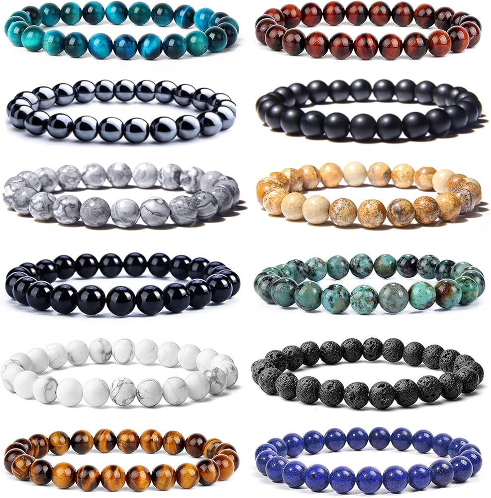 12Pcs Tiger Eye Bracelet For Men 8MM Natural Stone Beads Bracelet Set Stretch Lava Rock Bracelets Adjustable Black Crystal Beaded Bracelet for Men Women Gifts