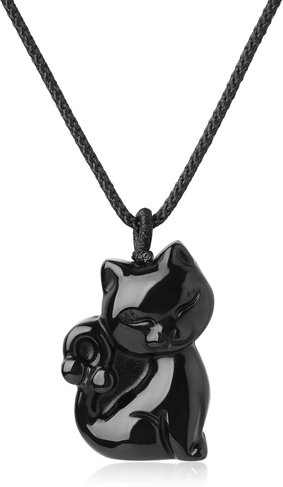 COAI Lucky Cat Necklace Crystal Necklace for Women, Silver Sheen Obsdian Necklace/Golden Obsidian Necklace/Black Obsidian Necklace