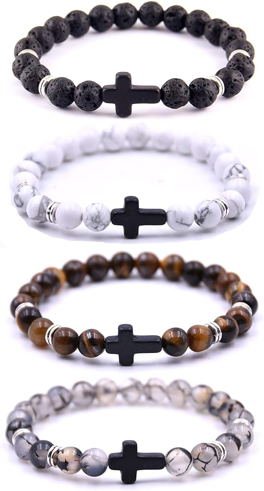 Softones 4PCS Cross Beads Bracelet for Men Women 8mm Healing Lava Stone Stretch Bracelets,7.5"