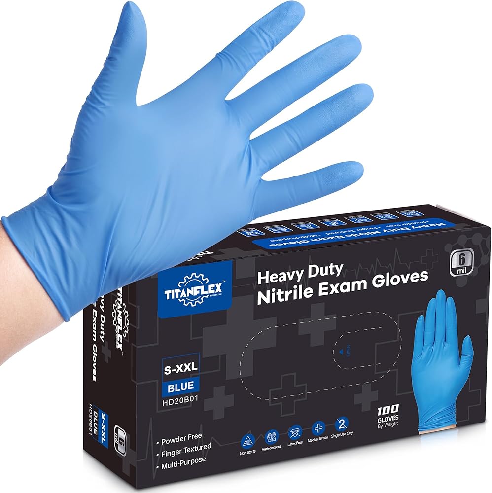 TitanFlex Disposable Nitrile Gloves 6 mil Blue Heavy Duty Disposable Gloves, Cooking Mechanic Gloves, Latex Free Powder Free