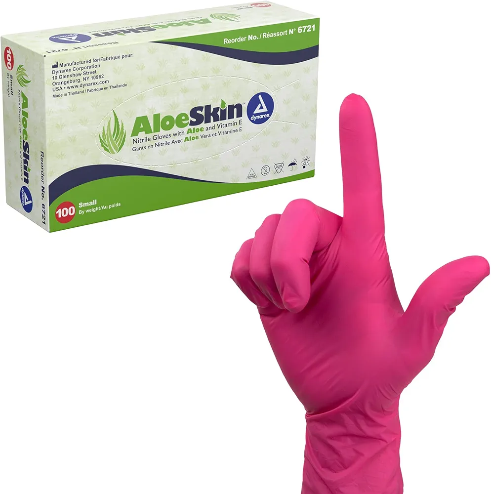 Dynarex AloeSkin Nitrile Exam Gloves with Aloe, Powder-Free, Disposable Gloves with Aloe Vera for Dry Hands, Magenta, Small, 1 Box of 100 AloeSkin Nitrile Exam Gloves with Aloe, Powder-Free