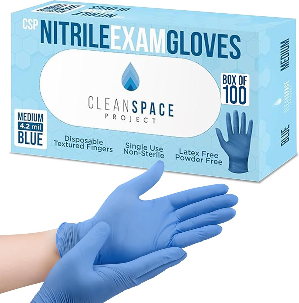 CLEAN SPACE PROJECT Nitrile Exam Gloves - 4.2 mil Blue Disposable Gloves, Non-Latex & Powder Free Medical Gloves (Box of 100)