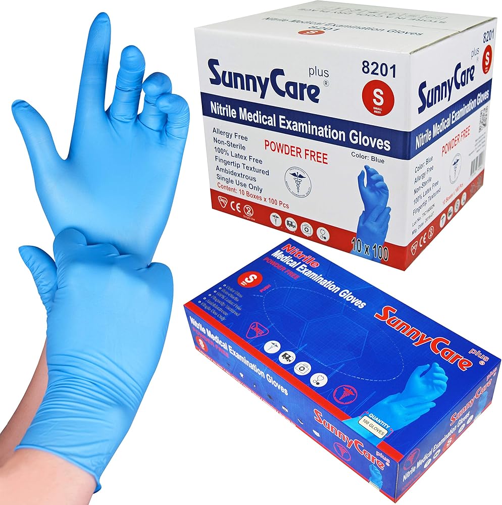 SunnyCare 1000 8201 Blue Nitrile Medical Exam Gloves Powder Free Chemo-Rated (Non Vinyl Latex) 100/box;10boxes/case Size: Small