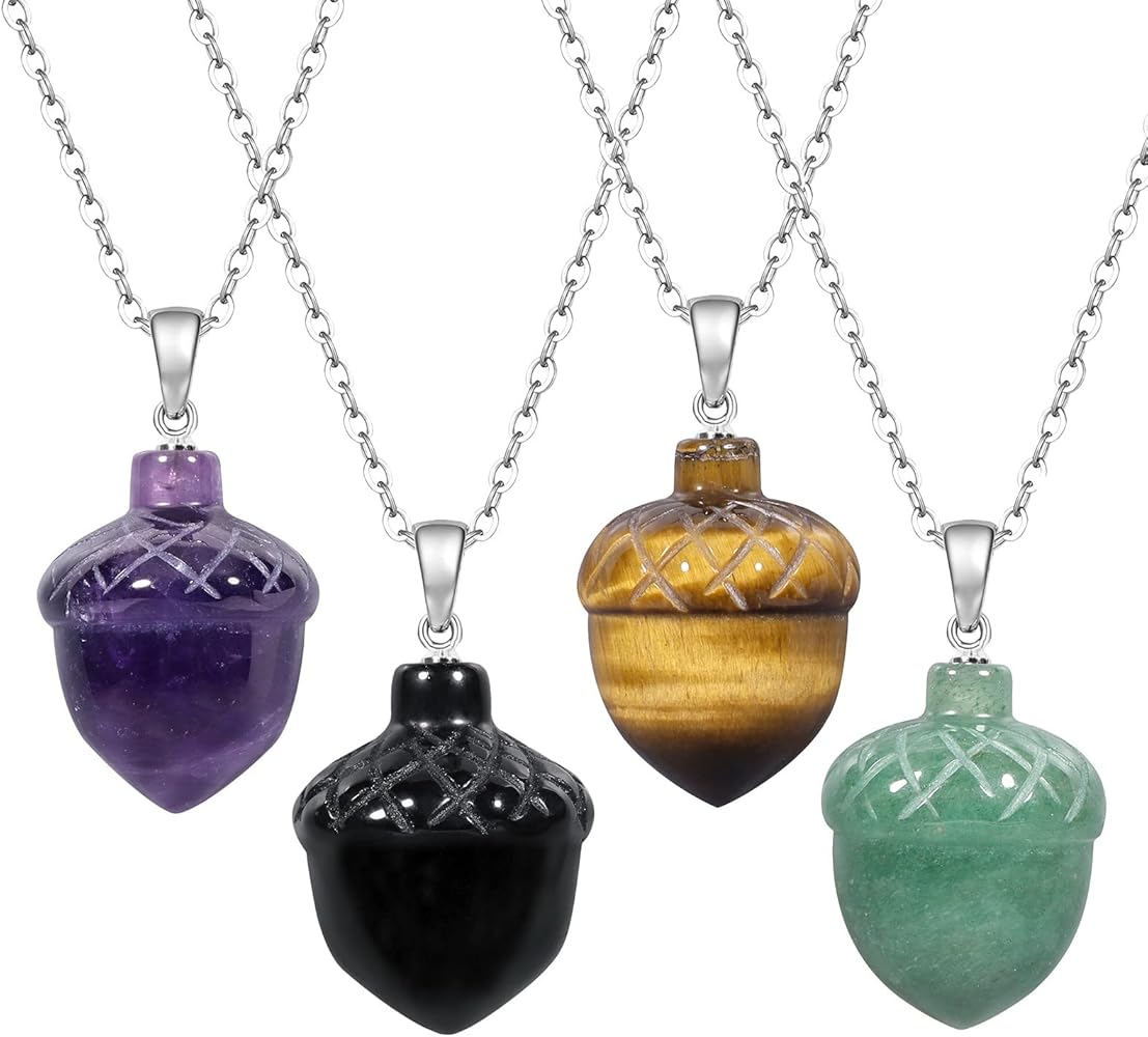 TUMBEELLUWA Pack of 4 Carved Hazelnut Crystal Pendants with Chain Healing Quartz Stone Necklaces Set for Unisex