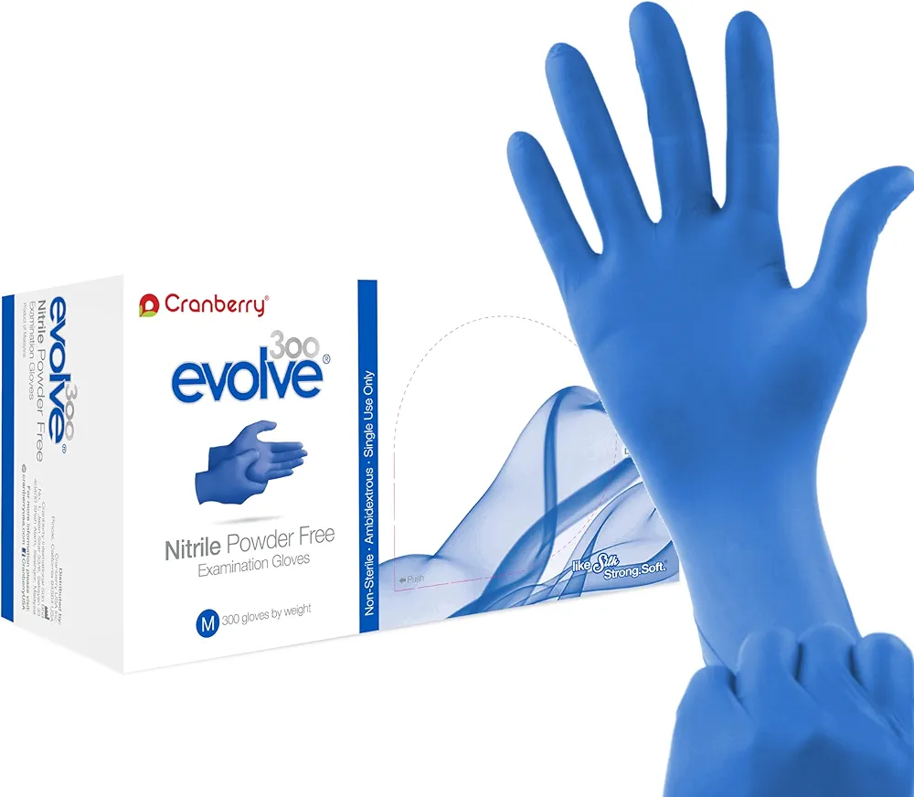 Cranberry USA Evolve Nitrile Powder Free Exam Gloves, 2.0 mil, X-Small, 300 Count, blue