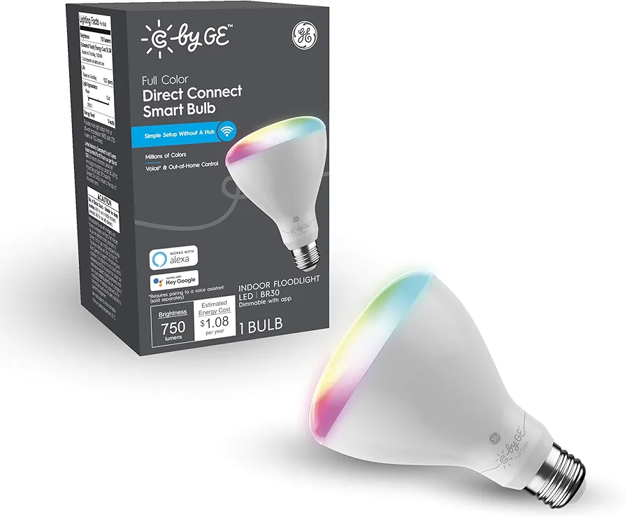 C by GE Full Color BR30 Smart LED Light Bulb, 65W Replacement, Bluetooth/Wi-Fi, Works With Alexa + Google Home without Hub (Packaging May Vary)